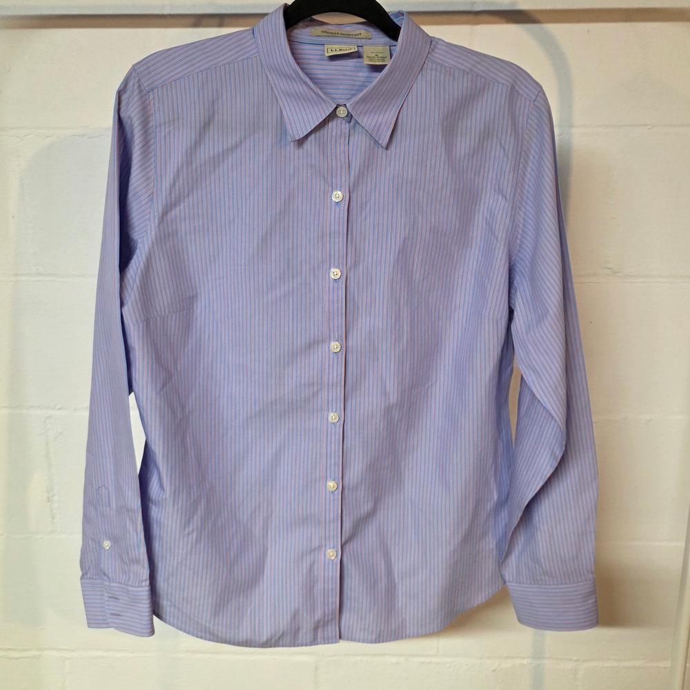 LL Bean Wrinkle Resistant Striped Button Down Women M Blue Pink‎ Cotton Crisp